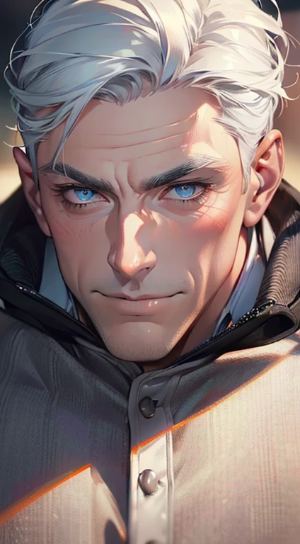 (best quality,4k,8k,highres,masterpiece:1.2),ultra-detailed,(realistic,photorealistic,photo-realistic:1.37),1 man,3,mature man,very handsome,without expression,smile,short grey white hair,blue eyes,penetrating gaze,perfect face without errors,imposing posture,businessman,office background,cinematic lighting,hdr image
