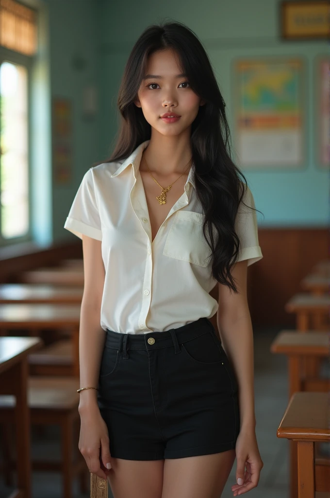 Beautiful Thai girl with smooth skin, black hair, dark brown eyes, gold pendant (medium chest), wearing Thai teacher's outfit, white short-sleeved shirt, black short skirt, slim fit, holding a small wooden stick in her hand, standing and posing in the classroom, background is a classroom, student desks and chairs, the most realistic image.