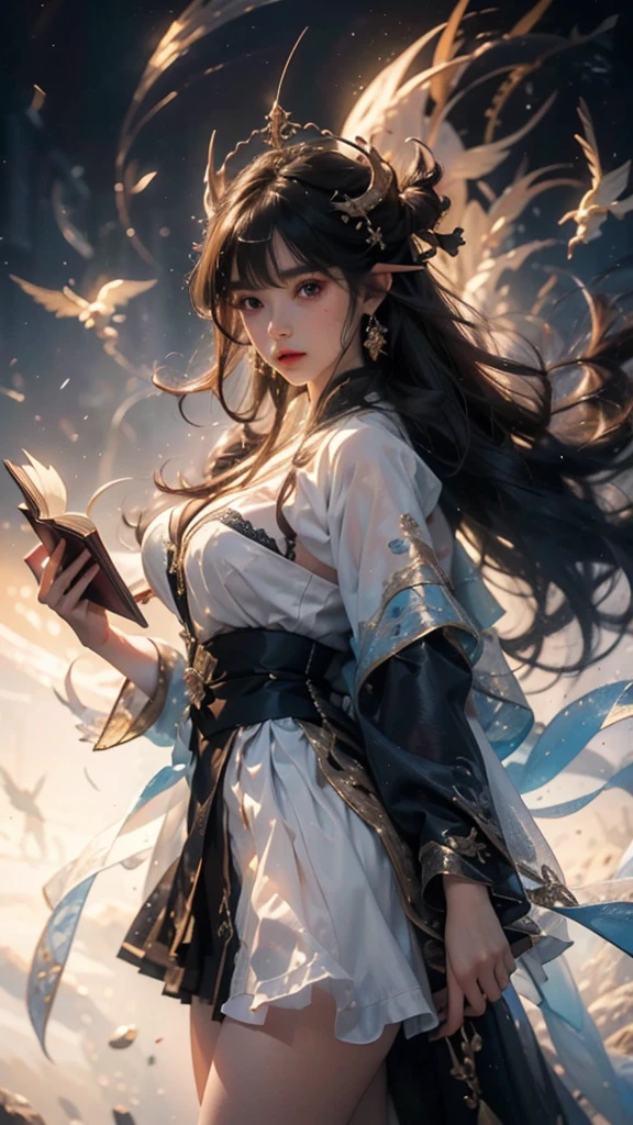 best quality,masterpiece,Ultra-high resolution,photoactual:4：0,Demon Palace Academy Park,Albedo,long hair shawl,Devil's Horn,Big breasts,shirt clothes,mini skirt,holding book