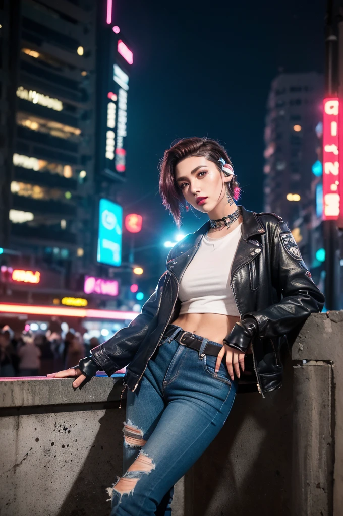 (Film photo), (чрезвычайно подробные обои CG Unity 8k) whole body portrait of a cyberpunk woman leaning on a wall in cyberpunk city street at night, (action scene), (wide angle), ((Night time)), city lights, ((neon cyberpunk city street:1.3)), (neon lights), stars, moon, (granularity:1.4), Colored lighting, whole body, Cyberpunk woman in a futuristic city in a cyberpunk city, (hands in pockets), (leaning on the wall), dynamic pose, ((RGB Gaming Headphones)), ((tanned skin:1.3)), ((wicked)), (wicked eyebrows), To frown, (e-girl румянец:1.2) long hair, (freckles:0.9), detailed symmetrical face, (dark crimson hair:1.2), short hair, (Messy hair bun), (undercut hair:1.4), punk girl, ((tattoos)), Alternate Girl, ((facial piercing:1.2)), ((fingerless gloves)), (Brown eyes), Lots of rings, reflective eyes, draw up, (Red lipstick), (shiny lips), (white sclera), (Sub), Ear piercing, detailed lighting, Rim lighting, dramatic lighting, chiaroscuro, (white shirt with stripes), ((рваная JEAN JACKET-бомбер:1.1)), (JEAN JACKET), long sleeves, bracelets, (Ripped blue jeans:1.2)), (mom jeans), Brick wall, (Polluted skies), graffiti on the wall, ((Doc Martens)), ((combat boots)), (black shoelaces, Dirty boots, (from below:1.2), (wide angle lens), Professional majestic