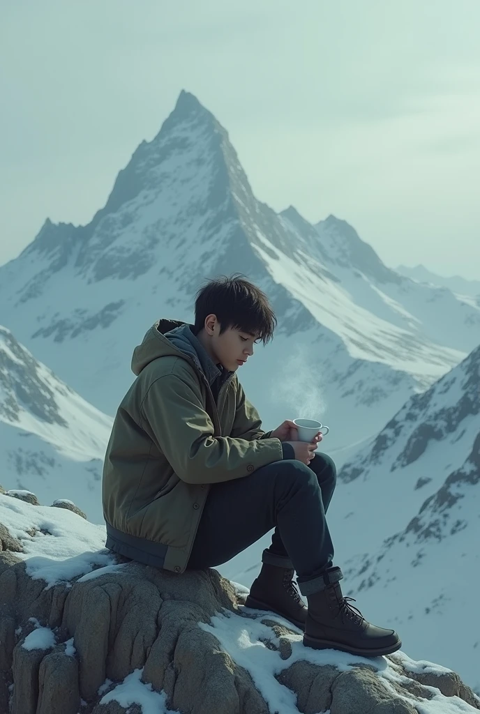 Make a cover for a book called lonely boy part 2 and the image is of a boy sitting on the mountain drinking coffee