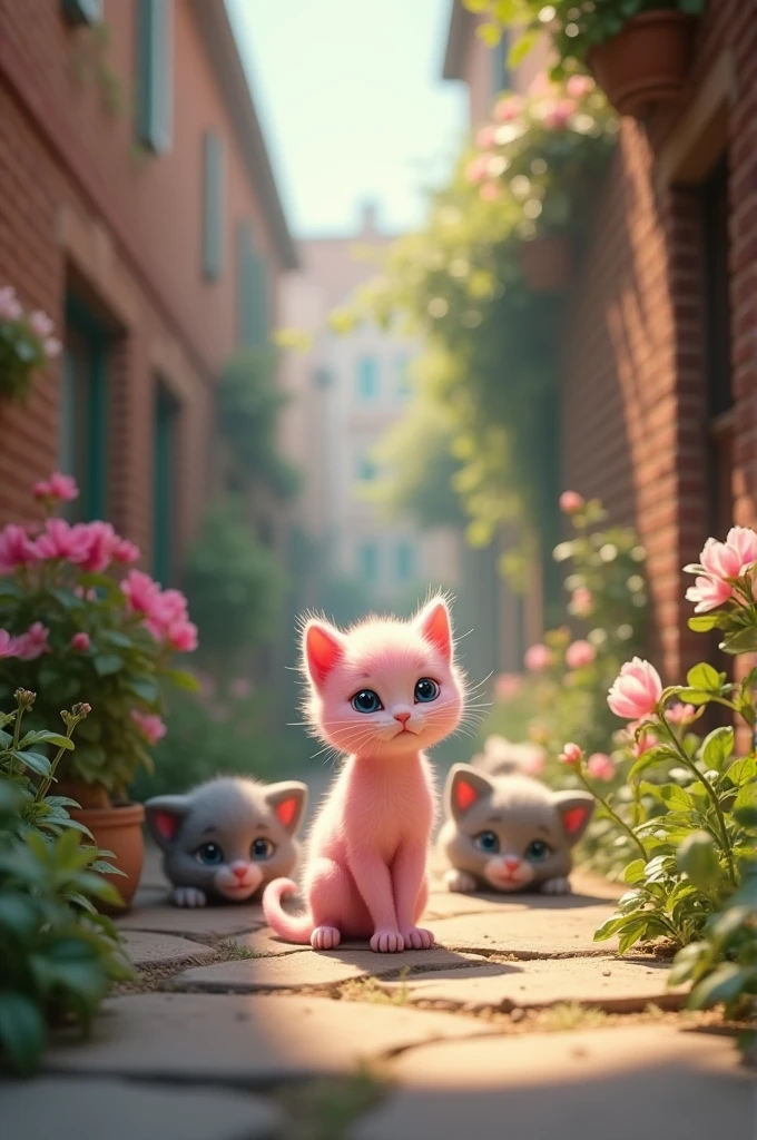 The Birth of the Pink CatIn a small, sunlit alley, nestled between two old brick buildings, a tiny pink kitten is born. Her fur is a soft, pastel pink, and her eyes are a bright, curious blue. The other kittens in the litter are all gray and white, making her stand out even more. The alley is filled with blooming flowers and a gentle breeze that seems to welcome her into the world.