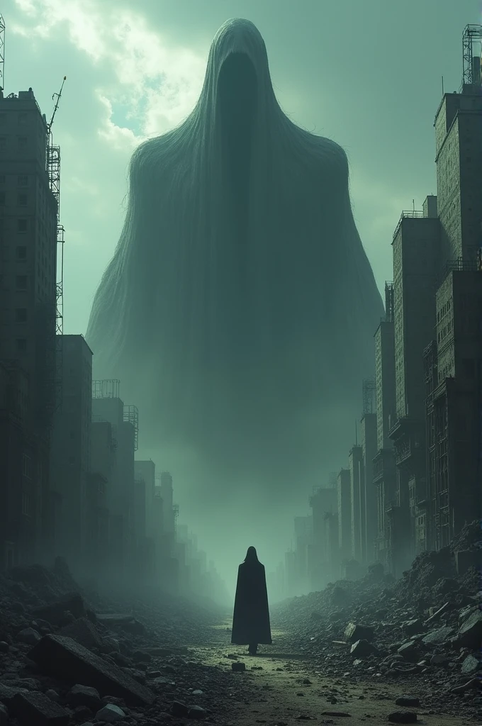 Faceless void in the middle of a ruined city