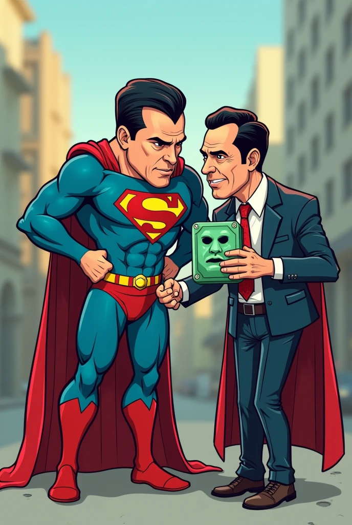 Create a cartoon of Super M bending over without strength with Pablo Marçal's face with M on his chest and with Guilherme Boulos showing kryptonite in the shape of Alexandre de Moraes