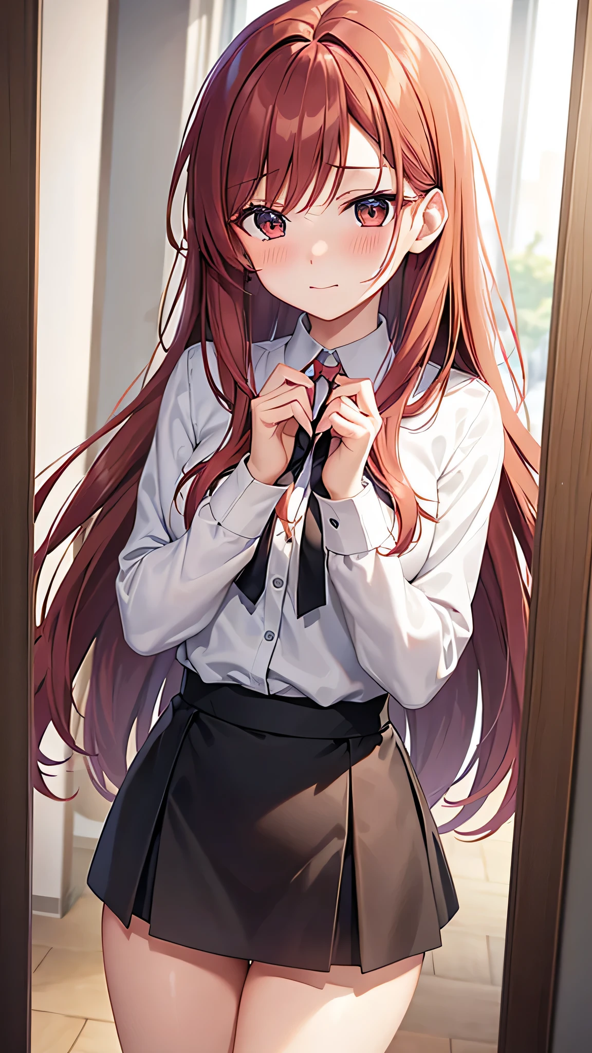 Redhead, working uniform, office background, anime background, extremely detailed hands, light brown eyes, slim, good attributes, long hair, heart ribbon on head, black skirt, ((white shirt)), faint blush, holding folders, exposed thighs, faint smile,