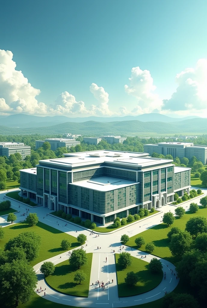 animated photo, of a company buildings , d The building that is very large and several in a green area and that has as its name the letter R and the letter W, Together.
