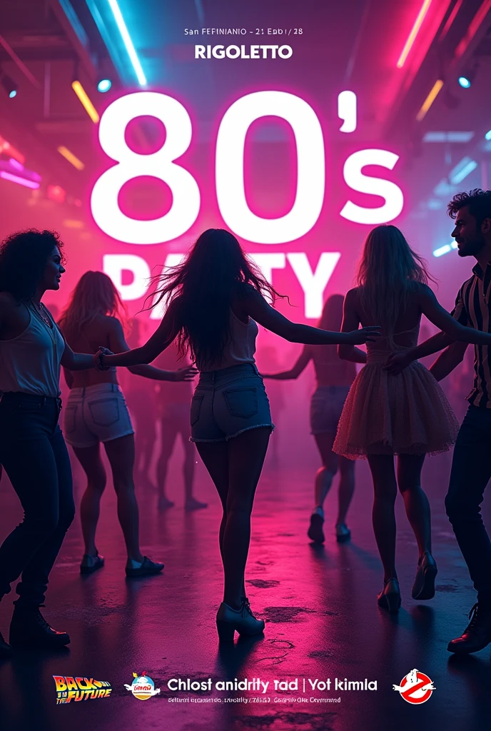 Create a flyer for an 80s party. With movies and series of the time. 
realistic photo, people dancing. 
Saturday, October 3rd. 21 hrs. Rigoletto, San Fernando.