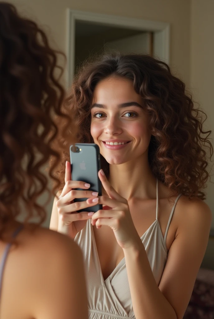Brunette with curly hair wearing a dress and taking a picture in the mirror with her cell phone With perfect hands and totally normal nails