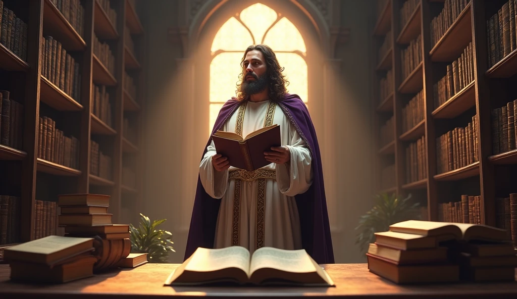 Crie uma imagem hiper-realista e misteriosa de Solomon em uma biblioteca grandiosa, where he is surrounded by shelves filled with books and scrolls. Solomon, dressed in a white linen tunic with gold embroidery and a purple cloak, is holding an open book, with an expression of contemplation and wisdom. Ao fundo, through a large arched window, the setting sun illuminates the scene, creating long shadows and an atmosphere of reflection. In the center of the table, in the spotlight, there is a book titled &#39;7 Principles for Financial Prosperity&#39;. The scene should convey the idea that, ao seguir Solomon e Arimathea, the viewer is accessing rare and transformative knowledge.