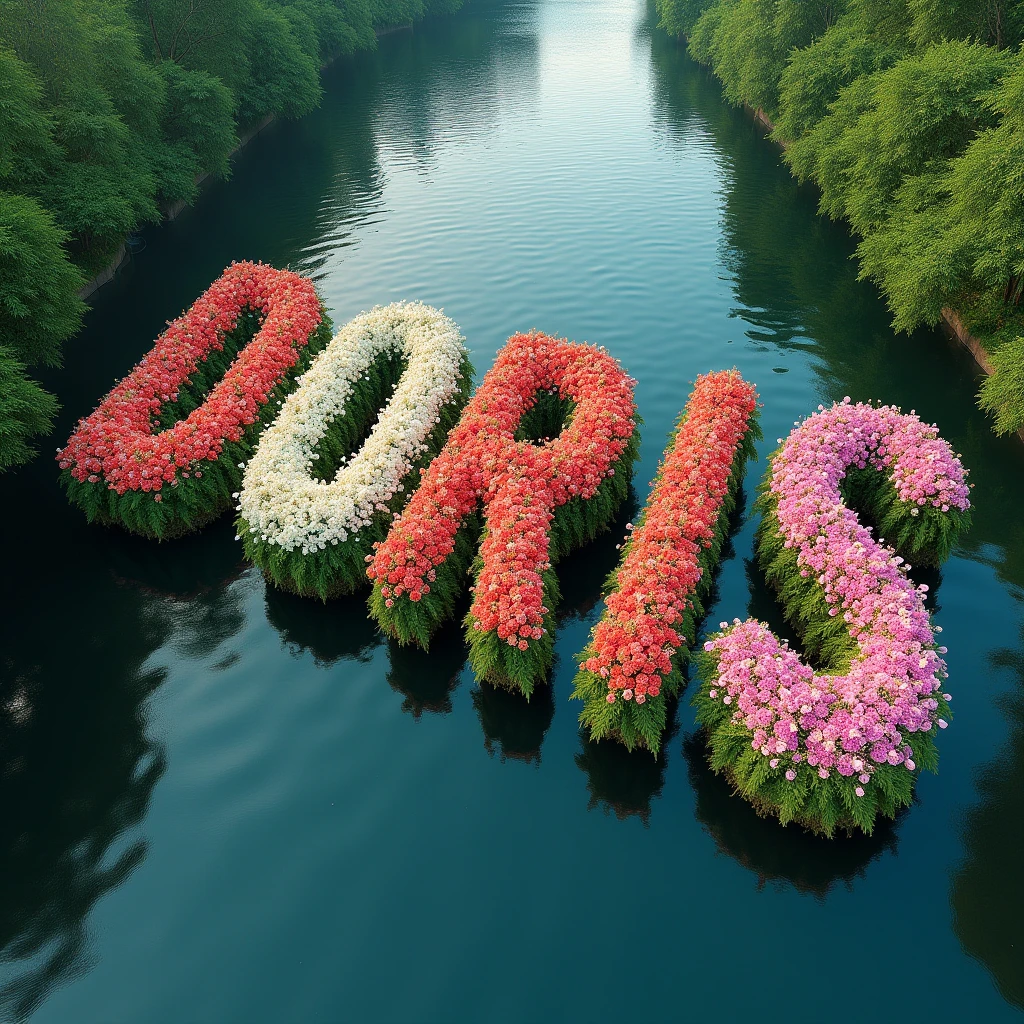 Those 6 big letters DIORIS made of flowers floating face up lying in a river aerial view