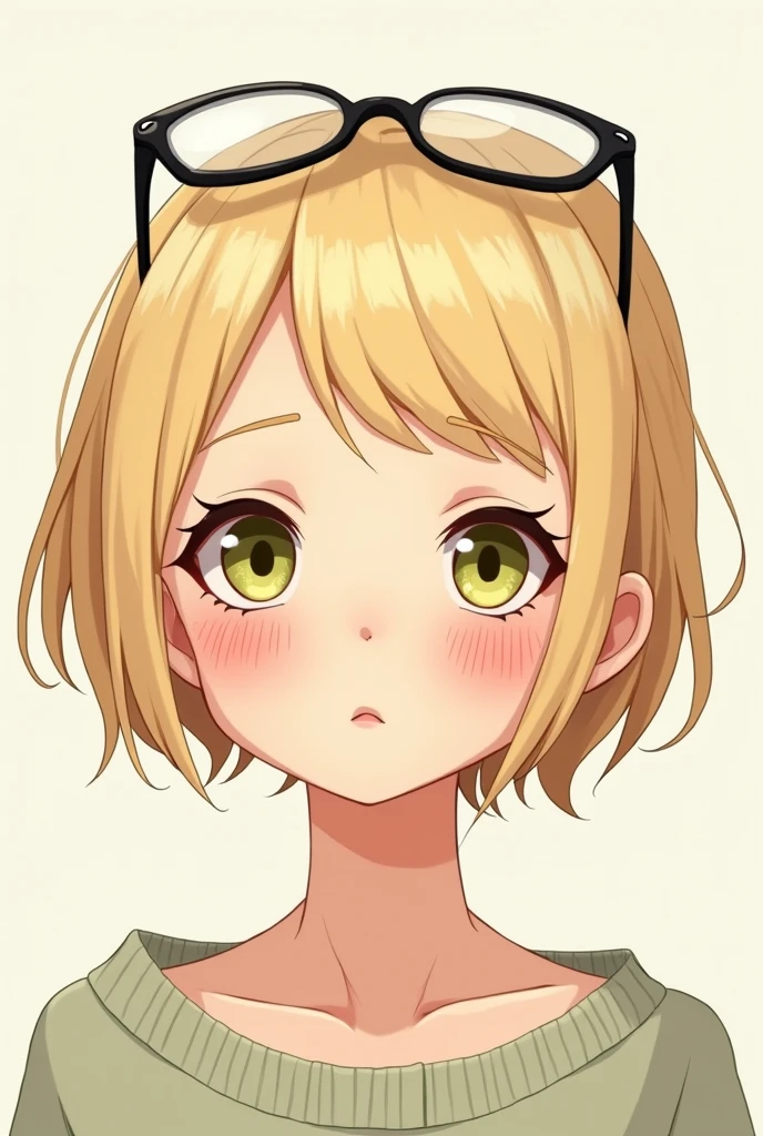 a white girl, thin-faced, pink lips, upturned nose and good profile, with honey and greenish colored eyes, blonde eyebrows, short blonde hair, with few freckles and white streaks in her hair and with good facial symmetry, with a serious but cute face in anime form and with glasses in her hair