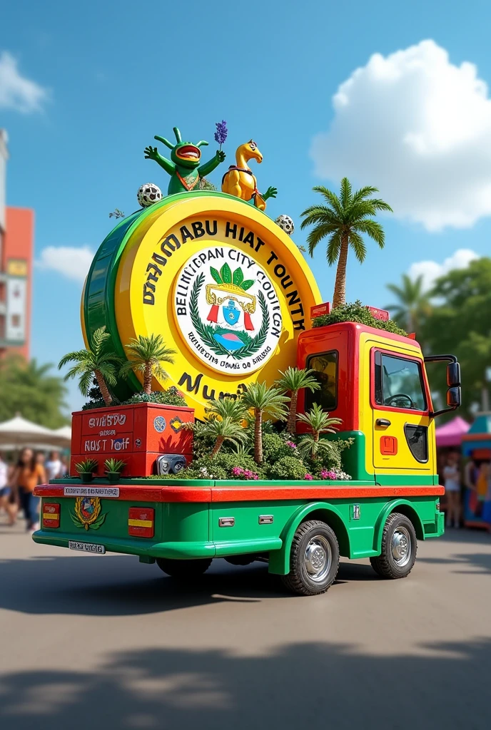 Design a Belmopan City Council float for Belize independence that represents the Belmopan city council and is easily identifiable. Key Services: Highlight the key services provided by the council—such as waste management, public safety, parks and recreation—through symbolic representations or artfully crafted props.