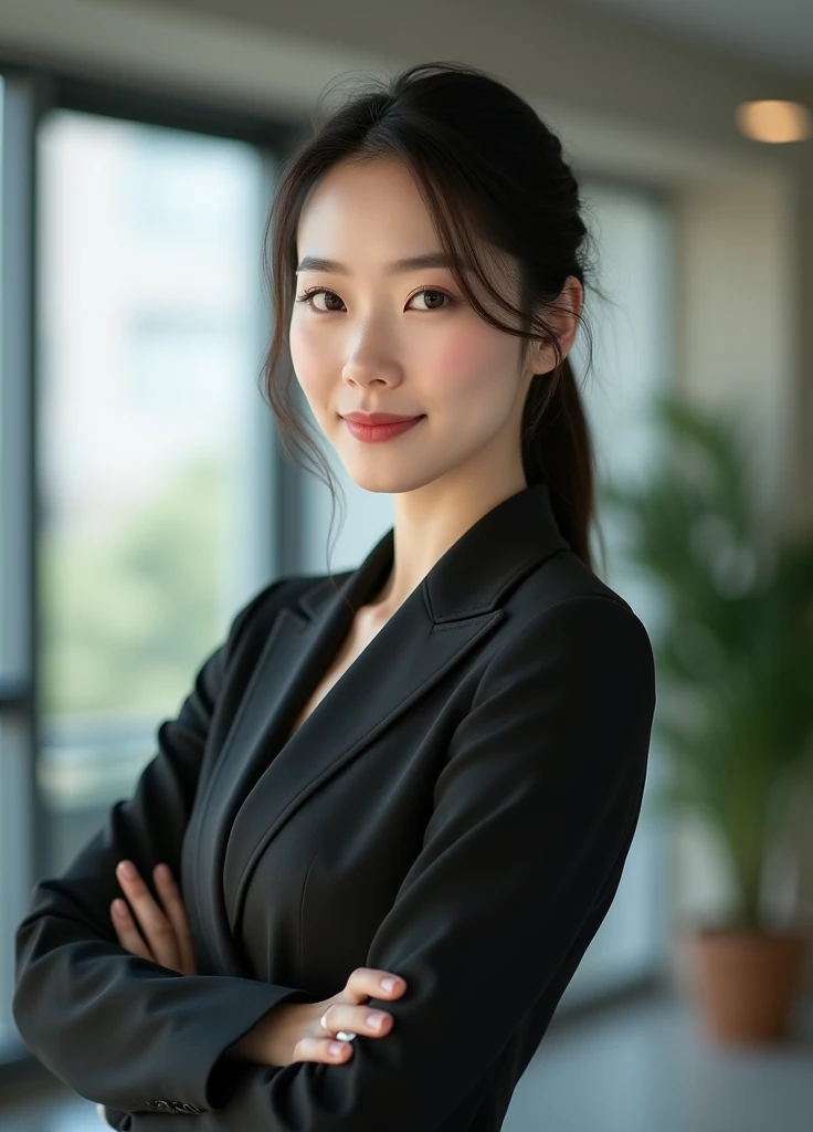 A 52-year-old asian women that is still very beautiful like young women,white skin, Height 160, Slim like a middle-aged woman, but still considered a beautiful figure., full body, Wear work clothes, In the office, 4K, high definition, realistic