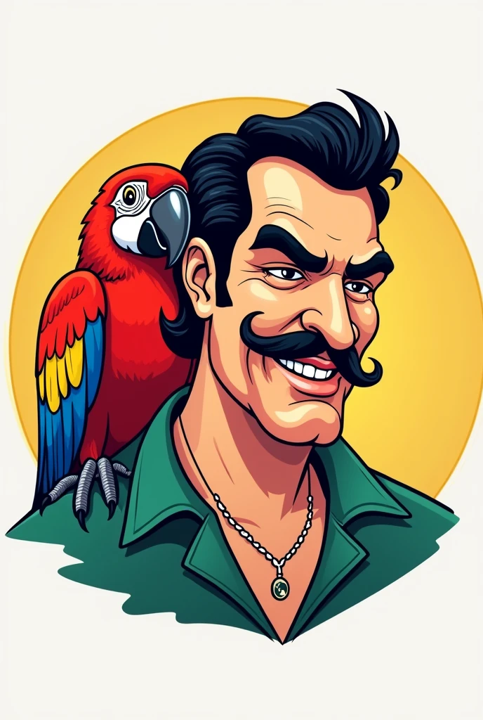 Cartoon logo of Colombia's Pablo Escobar and a parrot on his shoulder