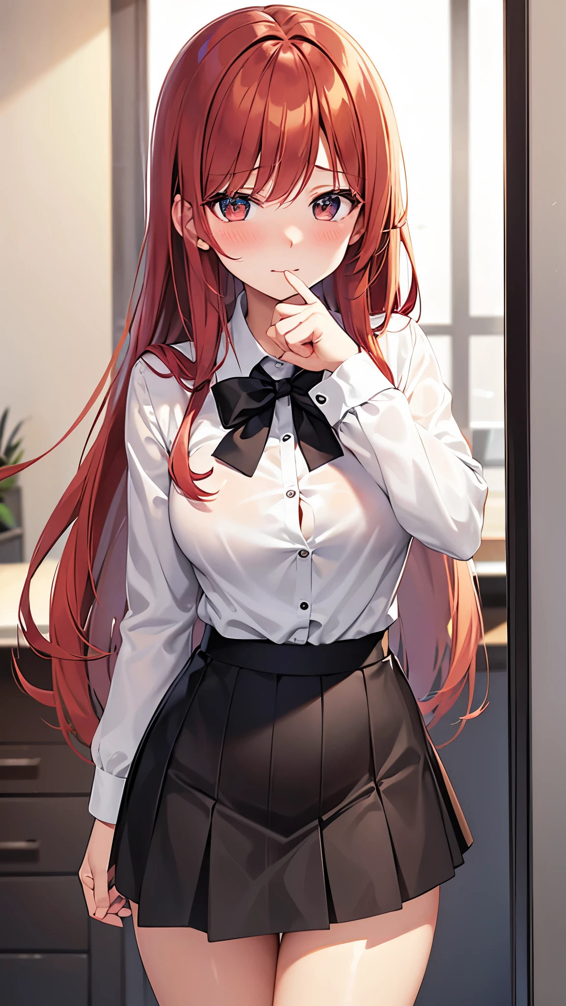 Redhead, working uniform, office background, anime background, extremely detailed hands, light brown eyes, slim, good attributes, long hair, heart ribbon on head, black skirt, ((white shirt)), faint blush, holding folders, exposed thighs, faint smile,