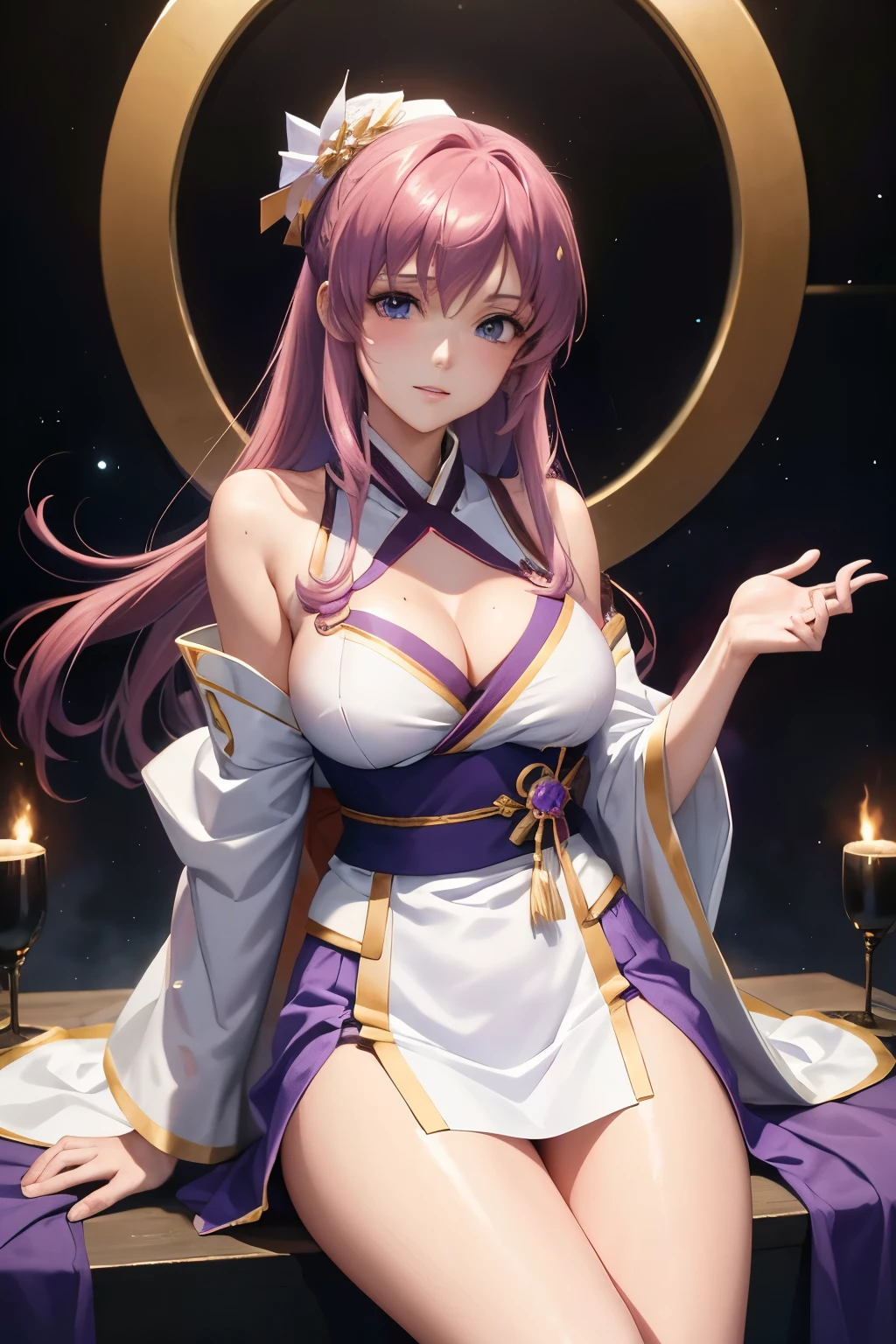 （（（Highest quality、first class、masterpiece、Normal body、8k、Detailed face、Ultra-precision、normal hand、Normal refer to、５refer to、Highest）））、Lacus Clyne、"Gundam SEED"、Purple kimono、White haori、kimono skirt、captain、captain席、sit down、Extend one hand forward to give instructions