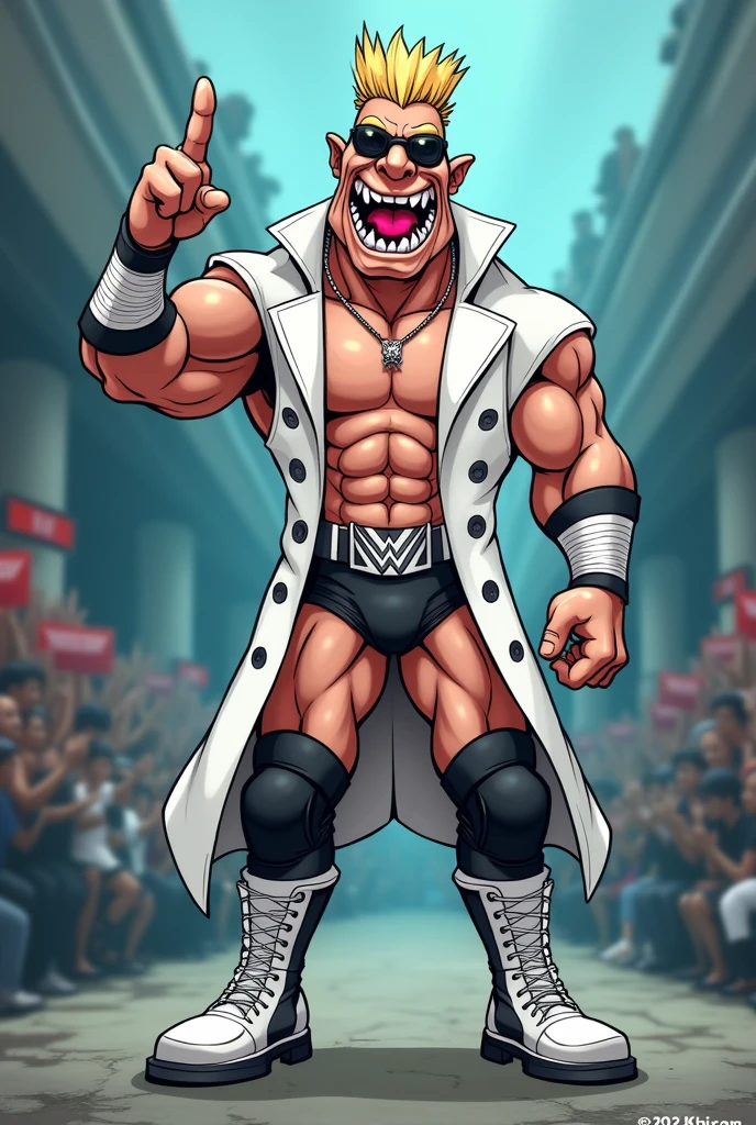 Cartoon megalodon dressed as WWE wrestler the Miz.
Megalodon head. Megalodon body. Megalodon arms. Megalodon hands. Megalodon legs. 

Blond flat top. White trenchcoat with black accents. Black kneepads. White wrestling boots. White bandana. Black shades. Pointing finger