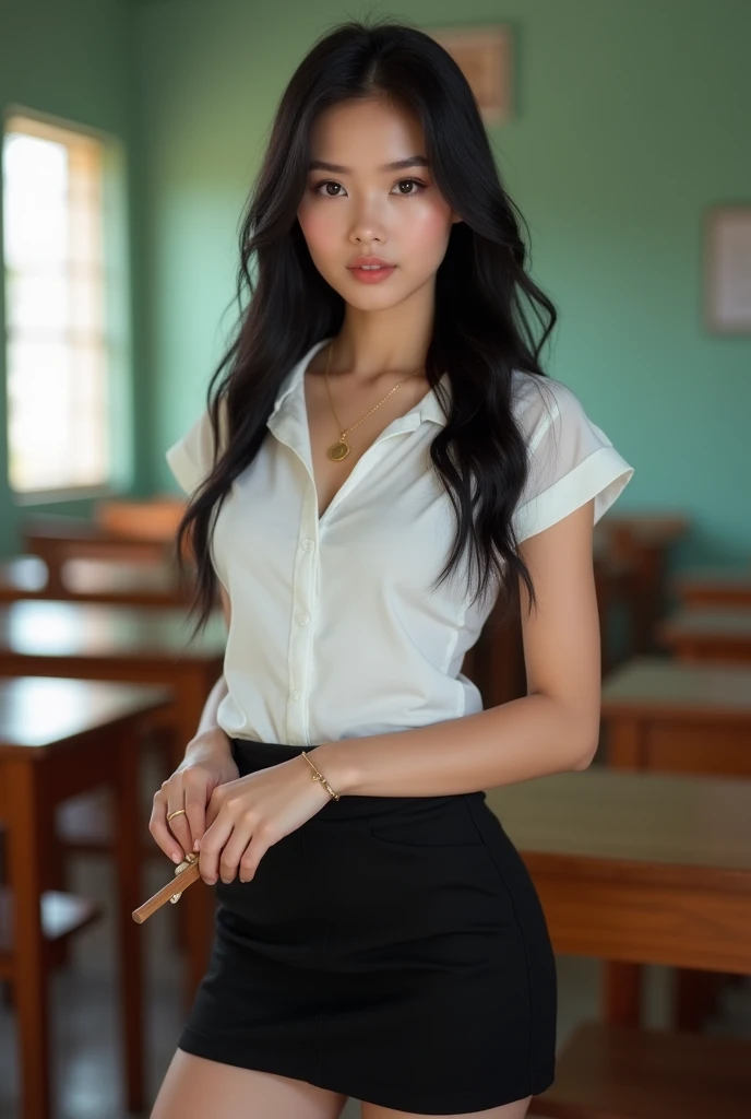 Young beautiful sweet Indonesian girl, 22 years old, slim body, slim thigh, short wavy hairs, at the office, wearing white long sleeve all  unbuttoned thin dress, wearing cripeled knee long white skirt, wearing no underwear, no panty, no bra, wearing high heels, wearing belt, siting open  veryvery wide legs confidence  on a chair in empty and scary waiting room, hairy vagina exposed visible, serious face, she is waiting for the  interview  of job vacancy at the office, carry file bag, realistic, very detail, normal fingers shape, no cartoon,