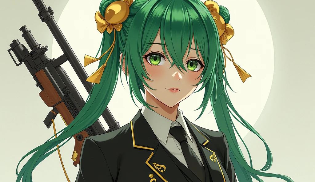 1 person, Green Hair, Messy Hair, Small twin-tail braids on the front, Green Eyes, Luxurious gold bow(arms) Hang on your back, Dress neatly, Shooter,