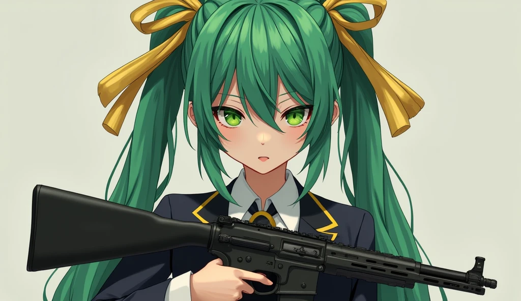 1 person, Green Hair, Messy Hair, Small twin-tail braids on the front, Green Eyes, Luxurious gold bow(arms) Hang on your back, Dress neatly, Shooter,