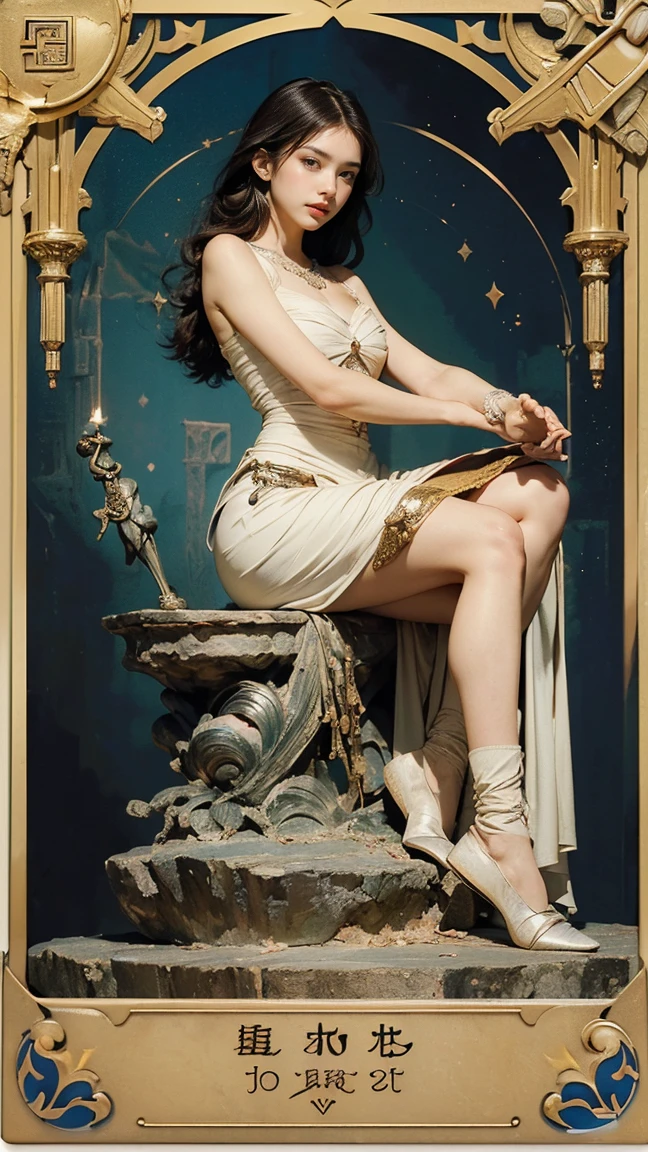 Highest quality、masterpiece、タロットcard、Balance scale、(Morgan Greer Tarot:1.2)、Retro art style、Thick outline、English text、Roman numerals、card、(Fit the frame properly:1.2)、(タロットcard風の枠:1.5)、((Medieval Europe、Arms folded, thinking、Thinker Pose、Beautiful woman thinking:1.5))
