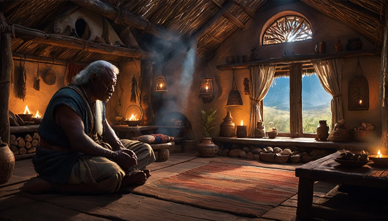 Create a detailed illustration of a character, Kael standing. Kael: A dark-skinned 22-year-old of African descent. Scene: Inside a dark, cozy hut, Kael sits in front of a wise old man. The African elder, with wrinkled skin and piercing eyes, tells him the legend of the cursed well, pointing with a bony hand toward the mountain in the distance, visible through an opening in the wall. The interior of the hut is lit by a dim light from an oil lamp, with tribal decorations, shelves filled with amulets, and dried plants hanging from the ceiling. The atmosphere is solemn and mystical, with the young man listening intently, determination showing in his gaze as the old man speaks. Style: Use a realistic and vibrant art style. Make sure the colors are rich and the patterns intricate to reflect the cultural heritage. The background features an ethereal landscape of a fluttering hut room that contrasts with the ominous mood. Style & Lighting: The scene, rendered in the niji3d style (masterpiece, best quality: 1.5), is defined by dim, shadowy lighting, with a focus on dramatic contrasts. Textures are glassy and vibrant, with ultra-realistic illustrations capturing every detail. Lighting emphasizes the emotional turmoil reflecting the desperation in the village and Atmosphere: The overall tone is tense, dark, and ominous, capturing the fear and confusion surrounding this moment.