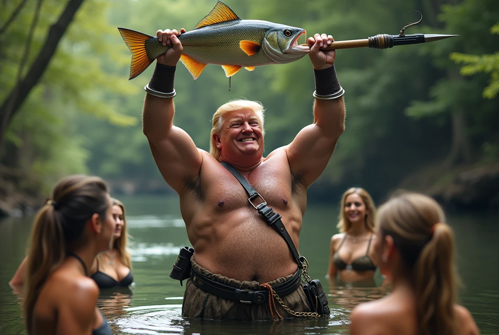 Donald Trump (bandage on one ear, happy grin, muscular, conan outfit) has just speared a fish and raises it out of the water for the women to see, forest pond
