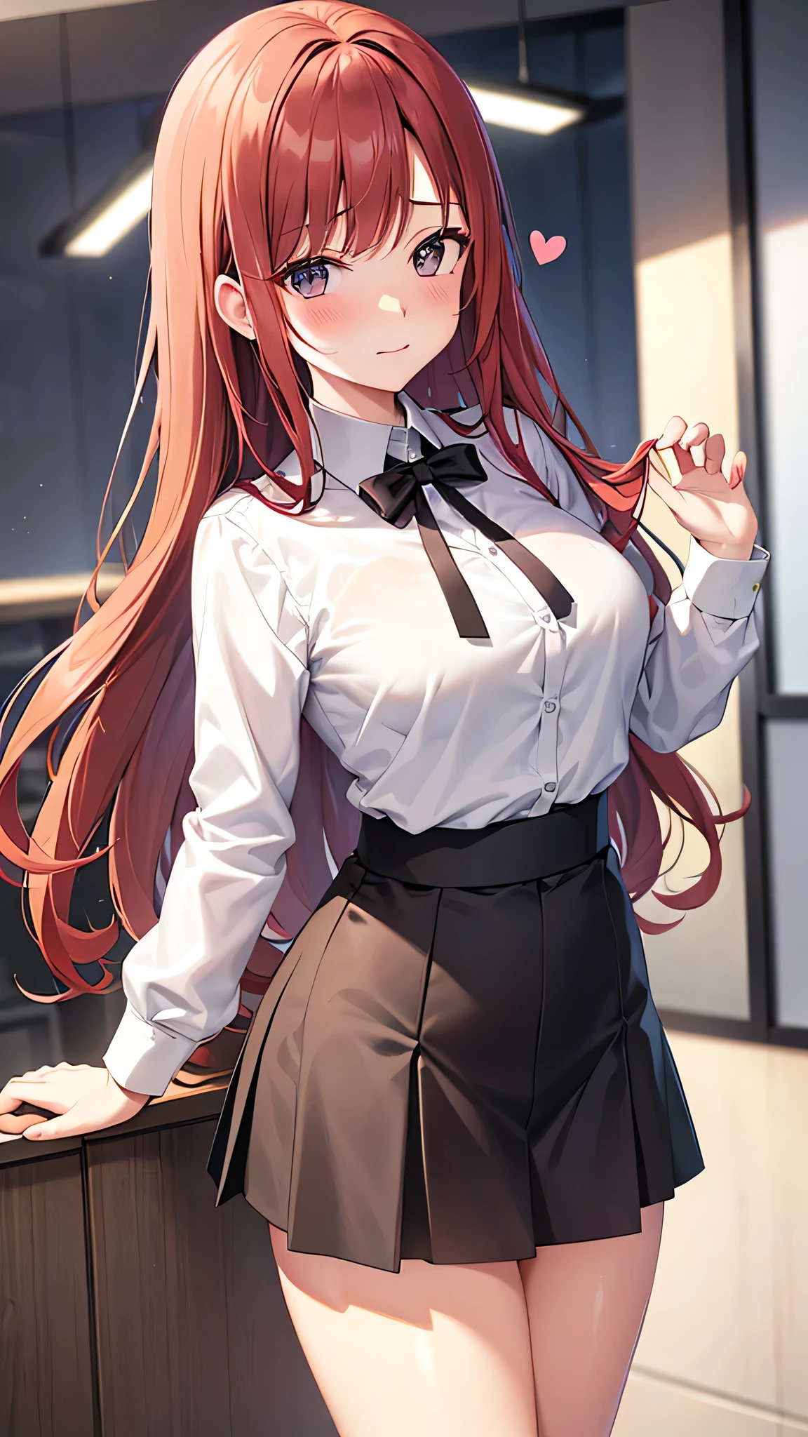 Redhead, working uniform, office background, anime background, extremely detailed hands, light brown eyes, slim, good attributes, long hair, heart ribbon on head, black skirt, ((white shirt)), faint blush, holding folders, exposed thighs, faint smile, 