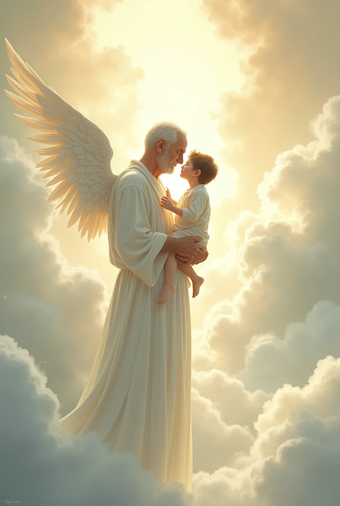 Dead grandfather holding his dead grandson. They are in the heaven and became angels. The drawing should be an outline drawing.