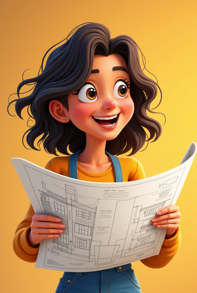 23 year old Peruvian normal young woman with thoughtful excited face with construction plans in his hand PNG (as if he were planning his new home) animated format/cartoon