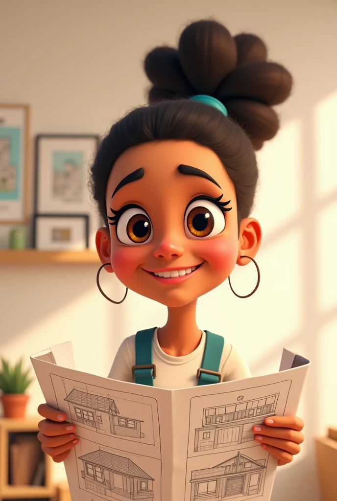 23 year old Peruvian normal young woman with thoughtful excited face with construction plans in his hand PNG (as if he were planning his new home) animated format/cartoon