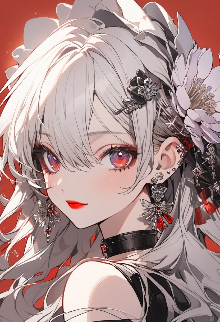 1girl, , kawaii, long hair, bangs, hair ornament, hair between eyes, bare shoulders, jewelry, upper body, flower, white hair, earrings, choker, hair flower, from front, portrait, red background, red lips