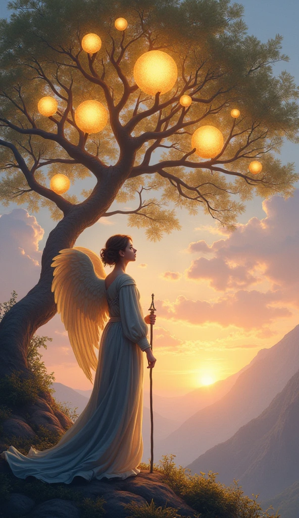 Create a detailed and reflective image for the 'Seven of Spheres' card in the 'Lumen Angelis' tarot deck, inspired by the 'Seven of Pentacles' from the Rider-Waite tarot.
In the foreground, depict a diligent and contemplative angel standing gracefully in a celestial garden. The angel, with soft, golden wings and flowing robes of deep blue and silver, gazes thoughtfully at a glowing tree of life before them. The tree, rooted in the clouds, bears seven radiant spheres, each sphere emitting a soft golden light. The spheres should be arranged naturally among the branches, symbolizing growth, patience, and the fruits of labor.
The angel holds a simple, elegant staff, gently leaning on it as they evaluate the progress of the tree. The expression on the angel’s face should reflect contemplation, as if pondering the effort and time invested in nurturing this divine tree.
Surrounding the scene, incorporate a background of dawn, with the first light of day breaking through the sky, symbolizing the anticipation of reward and the patience required for growth. The soft hues of pink, purple, and gold should bathe the entire scene, creating a sense of calm, reflection, and divine timing.
The overall composition should evoke the themes of patience, reflection, and the careful nurturing of one's efforts, closely aligning with the original symbolism of the Rider-Waite card."