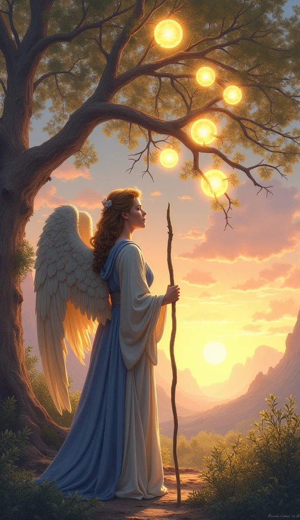 Create a detailed and reflective image for the 'Seven of Spheres' card in the 'Lumen Angelis' tarot deck, inspired by the 'Seven of Pentacles' from the Rider-Waite tarot.
In the foreground, depict a diligent and contemplative angel standing gracefully in a celestial garden. The angel, with soft, golden wings and flowing robes of deep blue and silver, gazes thoughtfully at a glowing tree of life before them. The tree, rooted in the clouds, bears seven radiant spheres, each sphere emitting a soft golden light. The spheres should be arranged naturally among the branches, symbolizing growth, patience, and the fruits of labor.
The angel holds a simple, elegant staff, gently leaning on it as they evaluate the progress of the tree. The expression on the angel’s face should reflect contemplation, as if pondering the effort and time invested in nurturing this divine tree.
Surrounding the scene, incorporate a background of dawn, with the first light of day breaking through the sky, symbolizing the anticipation of reward and the patience required for growth. The soft hues of pink, purple, and gold should bathe the entire scene, creating a sense of calm, reflection, and divine timing.
The overall composition should evoke the themes of patience, reflection, and the careful nurturing of one's efforts, closely aligning with the original symbolism of the Rider-Waite card."