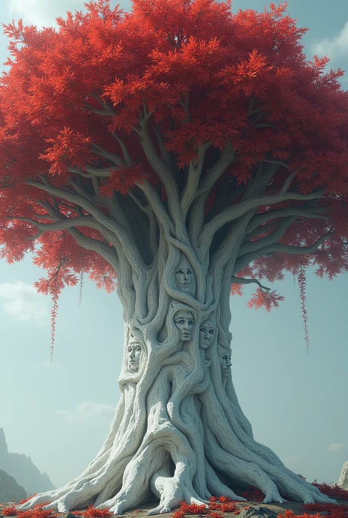 The leaves of the weirwoods have five points and are blood red., while the bark and wood are white. Most weirwoods have faces carved into their trunks.