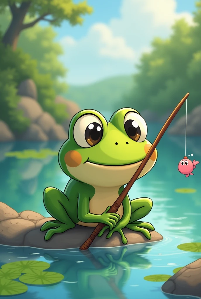 A frog fishing, avatar style and simple and cute