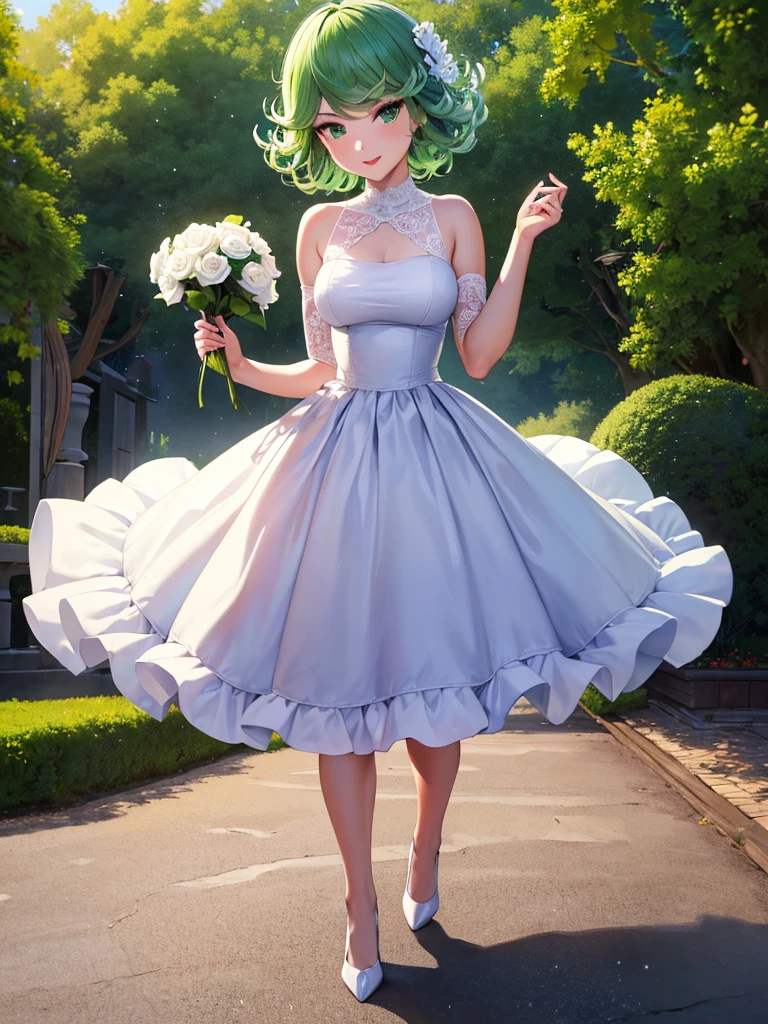 Sakura haruno, ((solo)), alone, bride, wearing a white wedding dress, queen, happy, ((forehead to show)), standing, entering the church, pink hair, short hair, delicate, young, short hair, detailed face, high definition, ((full body)), (flowers around her), full body, she is a beautiful woman getting married, face with high quality, beautiful, radiant