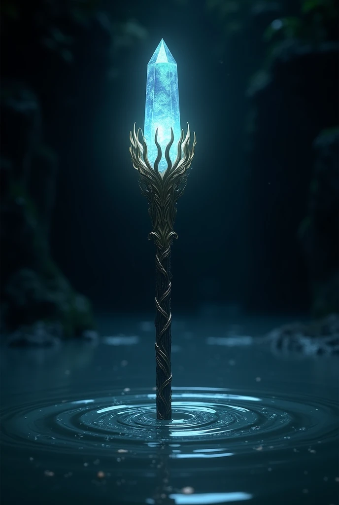 A staff with wave-shaped crystal details at the tip, waters around him and a black background behind him