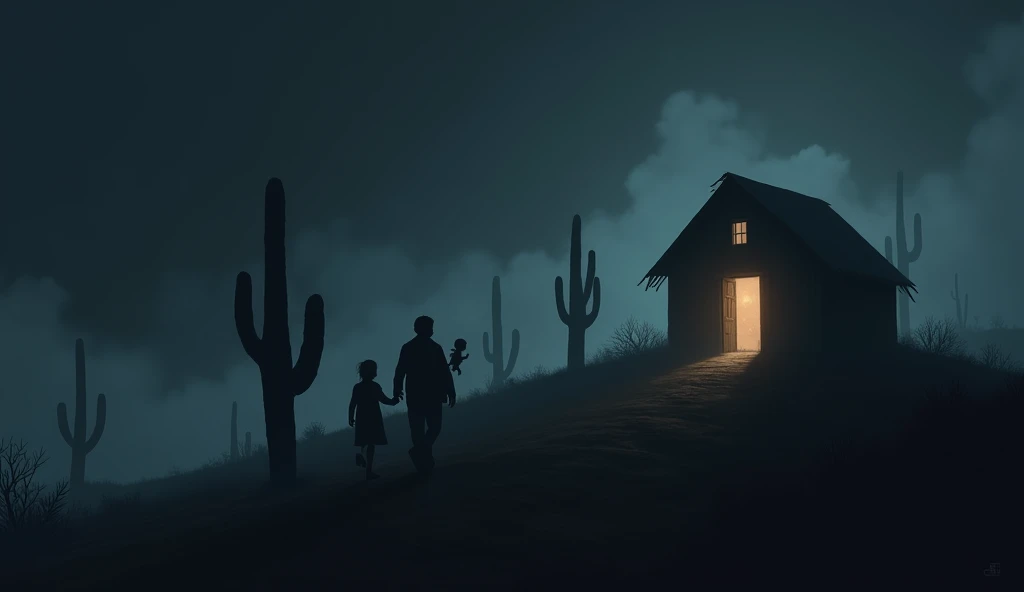 A small isolated cabin on top of a hill, surrounded by dense fog and twisted cacti in shadows. The main door is ajar, with a dim light flickering from within. The darkness of the night and the sharp silhouettes create an eerie and ominous atmosphere.. Some parents are carrying their child in their arms up the hill towards the cabin