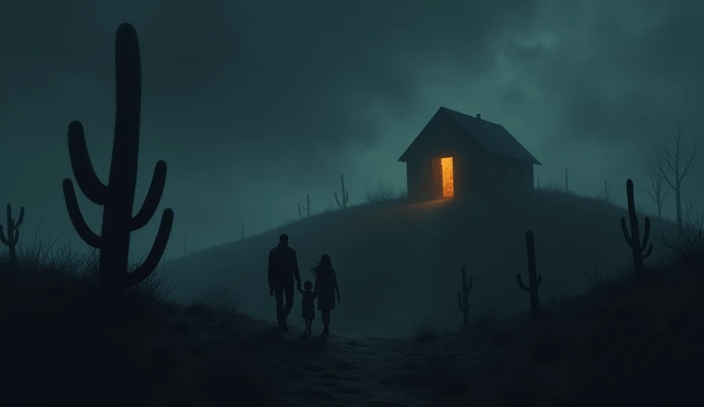 A small isolated cabin on top of a hill, surrounded by dense fog and twisted cacti in shadows. The main door is ajar, with a dim light flickering from within. The darkness of the night and the sharp silhouettes create an eerie and ominous atmosphere.. Some parents are carrying their child in their arms up the hill towards the cabin