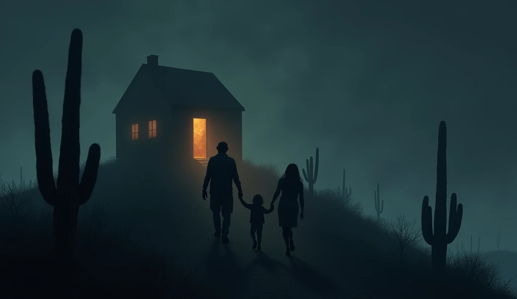 A small isolated cabin on top of a hill, surrounded by dense fog and twisted cacti in shadows. The main door is ajar, with a dim light flickering from within. The darkness of the night and the sharp silhouettes create an eerie and ominous atmosphere.. Some parents are carrying their child in their arms up the hill towards the cabin