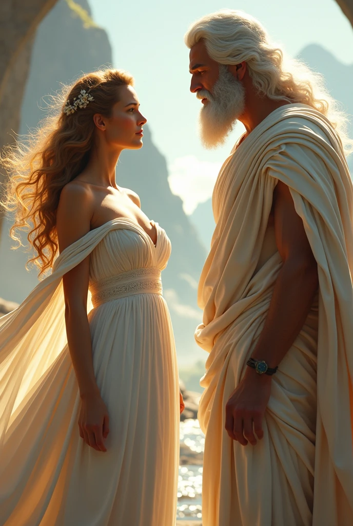 Aphrodite in white dress and blonde hair talking to Zeus, White hair