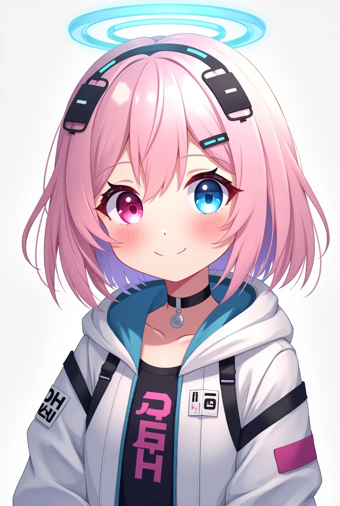Anime human girl, a young girl with a halo like the moon, light pink hair, two eyes with different colors, pink and blue. Her outfit is cyber style but modern. She has a cheerful smile.
