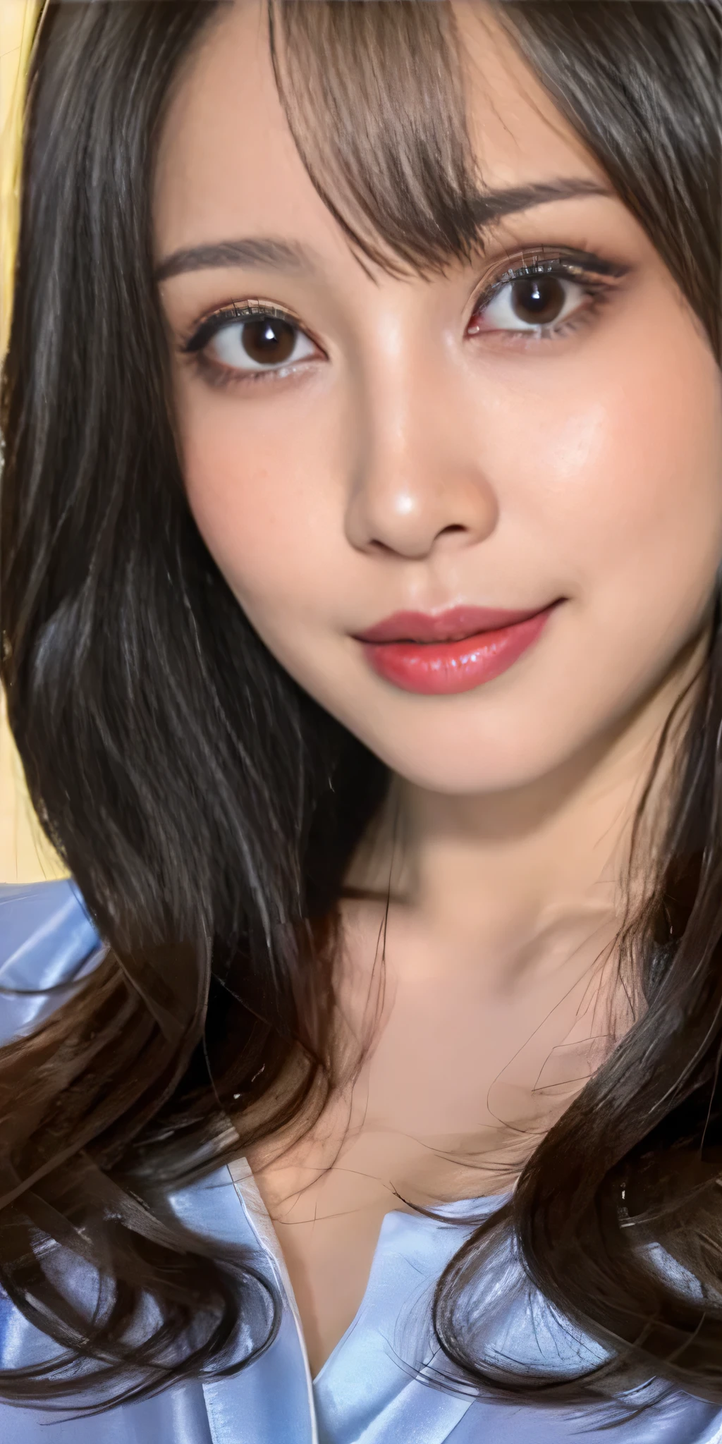 Tabletop, ((Highest quality, Realistic, RAW quality, Very detailed, finely, High resolution, 8k wallpaper)), 1 beautiful Japan woman,, Black messy hair, Wear a business suit, Sharp focus, Perfect dynamic composition, Beautiful and detailed, Black Hair, Detailed Realistic skin texture, smile, Close-up portrait, Glamour model body shape, Extremely large breasts bigger than her face, Very cute baby face,