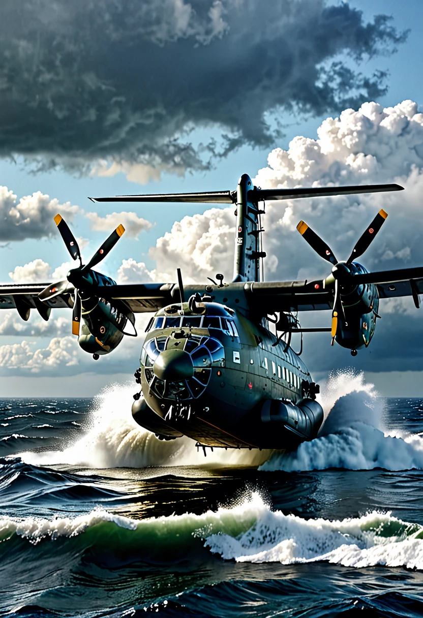 A highly detailed, photorealistic scene of a Japan Maritime Self-Defense Force US-2 rescue flying boat landing on a rough sea, (best quality,4k,8k,highres,masterpiece:1.2),ultra-detailed,(realistic,photorealistic,photo-realistic:1.37),deep shadows,perfect lighting,perfect camera work,dramatic lighting,powerful waves,stormy ocean,dramatic cloudscape,reflections on water,gritty texture,industrial design,military aircraft,precision engineering