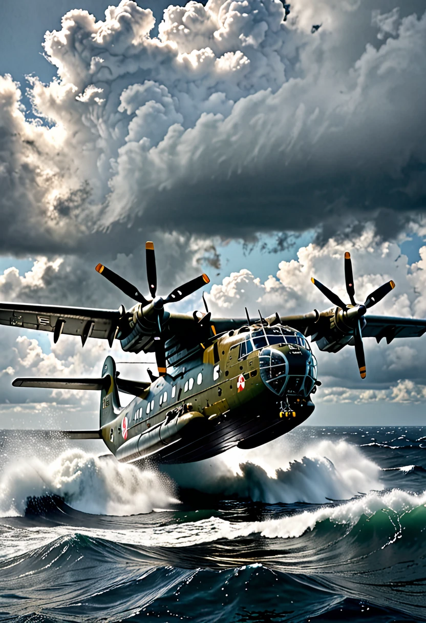 A highly detailed, photorealistic scene of a Japan Maritime Self-Defense Force US-2 rescue flying boat landing on a rough sea, (best quality,4k,8k,highres,masterpiece:1.2),ultra-detailed,(realistic,photorealistic,photo-realistic:1.37),deep shadows,perfect lighting,perfect camera work,dramatic lighting,powerful waves,stormy ocean,dramatic cloudscape,reflections on water,gritty texture,industrial design,military aircraft,precision engineering