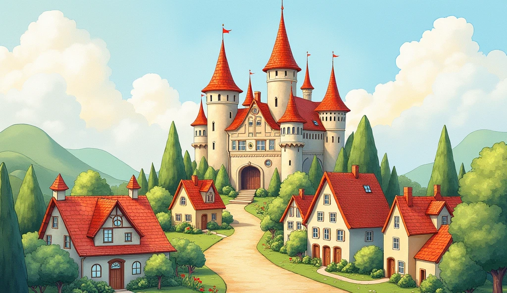 watercolor, children's storybook illustration, a castle surrounded by a village, houses, cottages, buildings, towers, clouds, colorful, vibrant warm colors, bright, ((masterpiece)), ((best quality)), 8k, intricate detail, high resolution, highly detailed environment, perfect architecture. 
