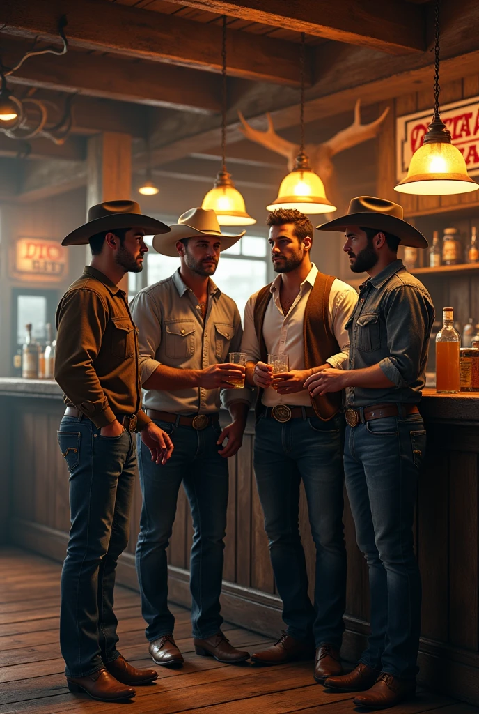4 handsome beautiful men sharing together in a cowboy bar