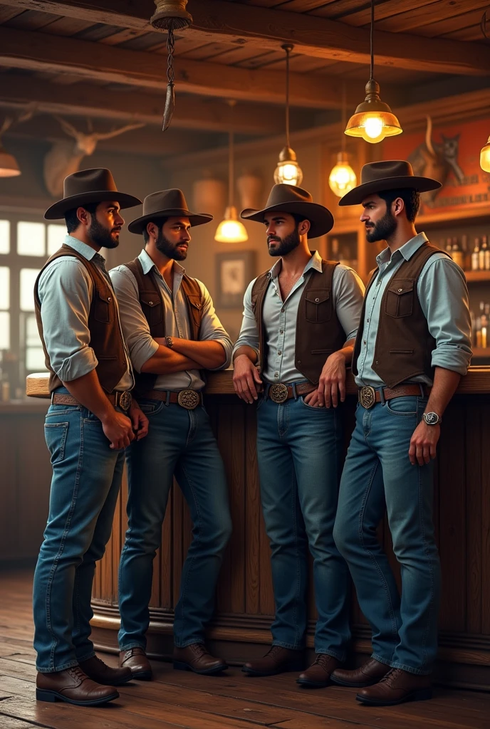 4 handsome beautiful men sharing together in a cowboy bar