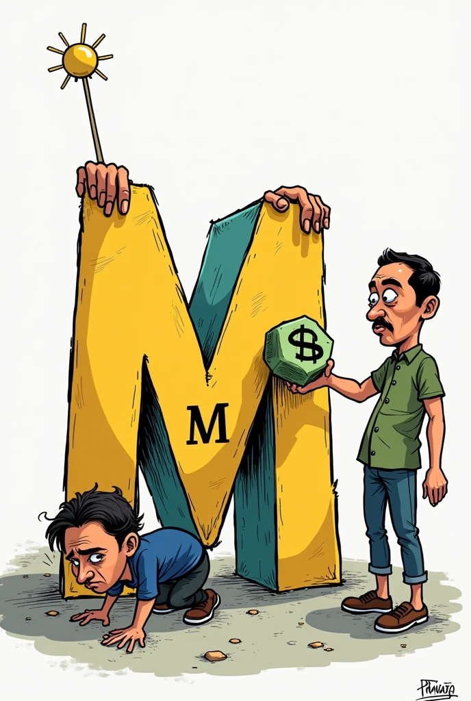 Create a Super Cartoon "M" bending down without strength with the face of Pablo Marçal with M on his chest and with Guilherme Boulos showing the kryptonite in the shape of Alexandre de Moraes 
